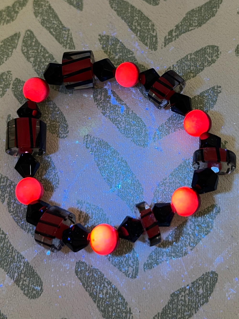 Handcrafted Black and Red Beaded Women's Bracelet, UV reactive